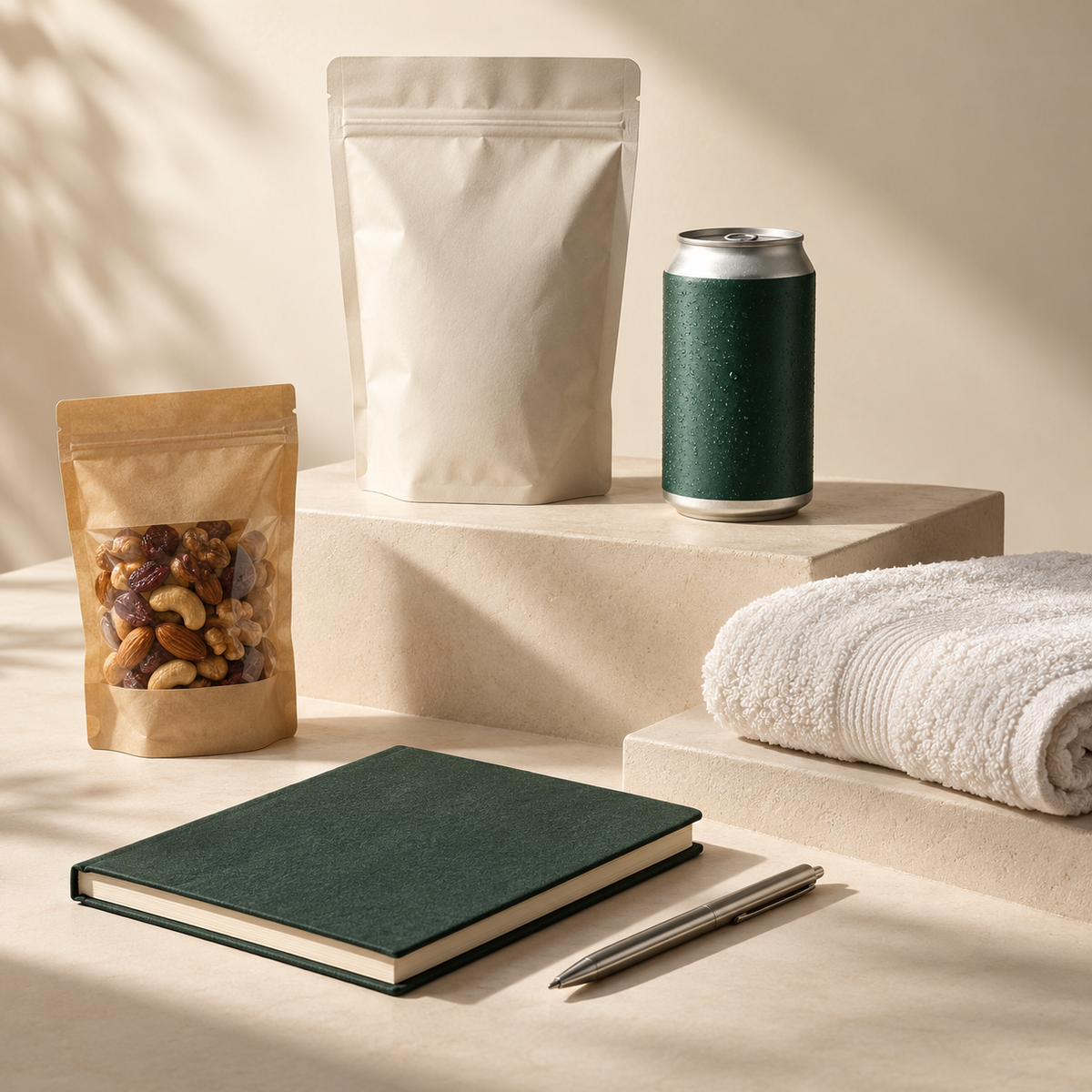 Illustrative selection of coffee, snacks, beverages and workplace and hotel essentials.