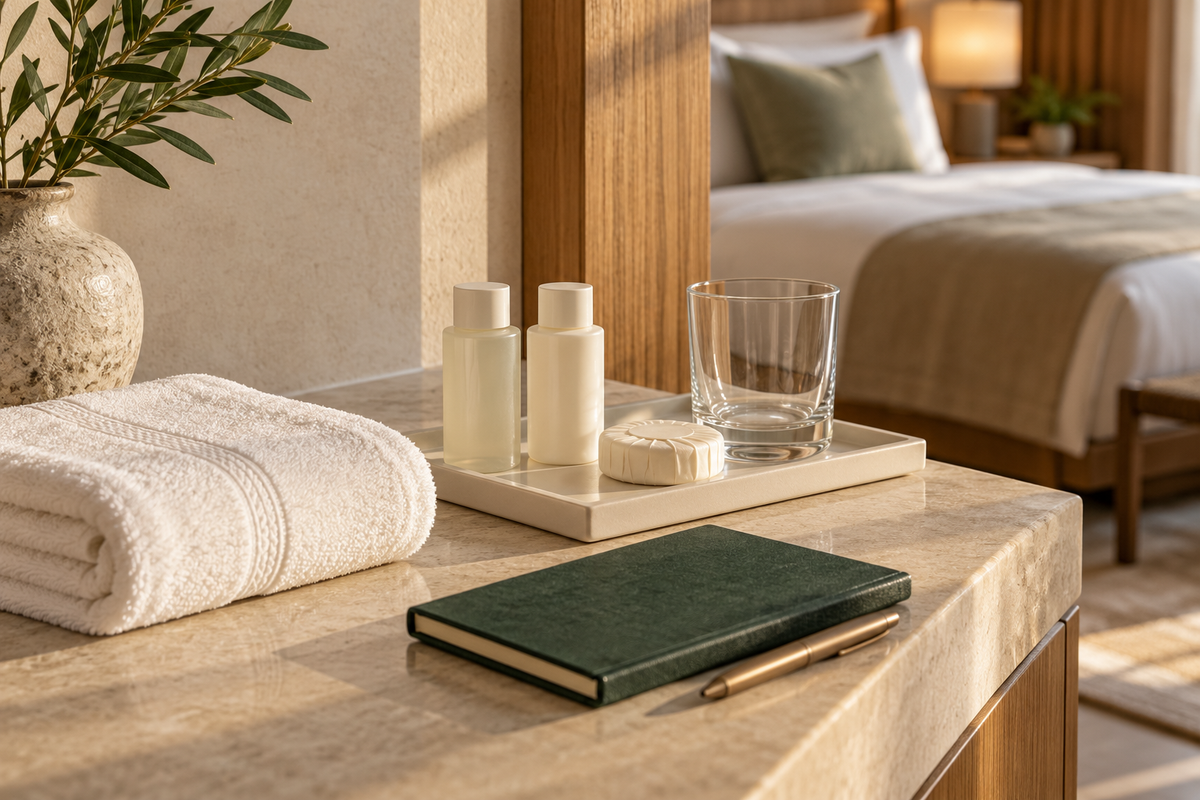 Illustrative hotel guest amenities with cotton towels, toiletries and stationery.