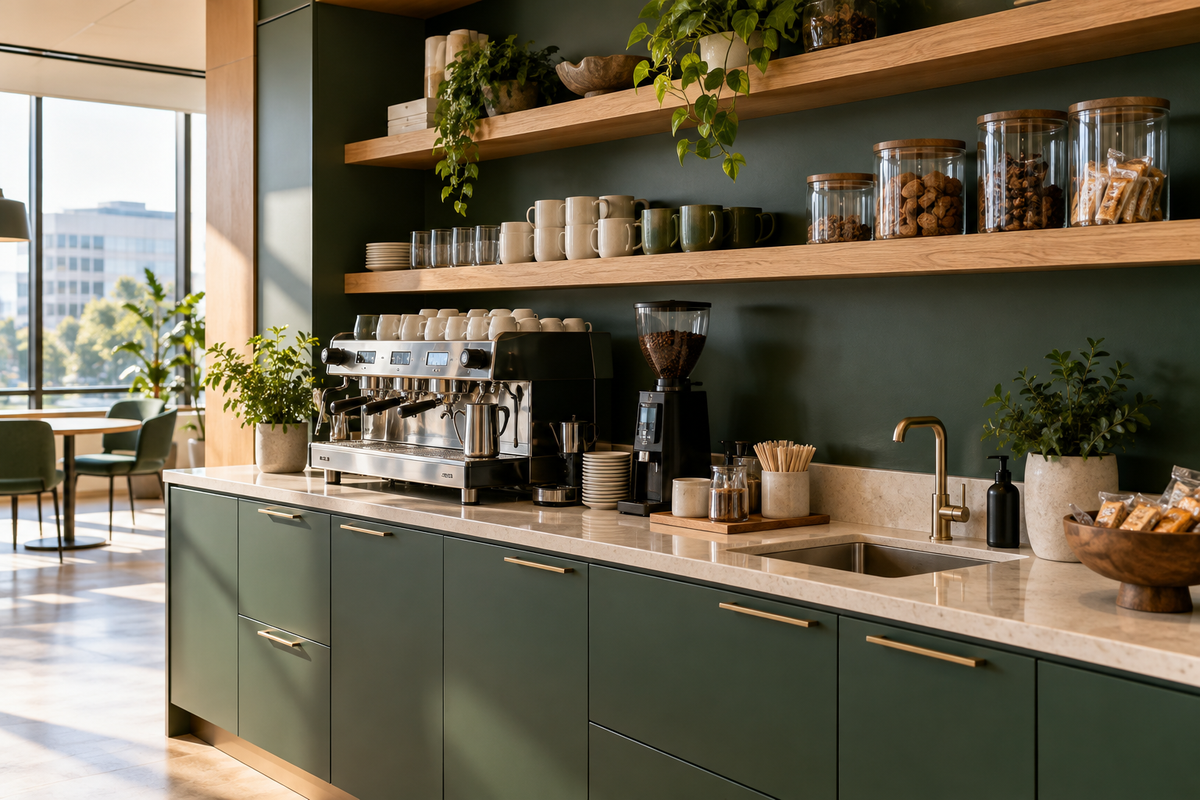 Illustrative modern workplace pantry with coffee, mugs and snacks.